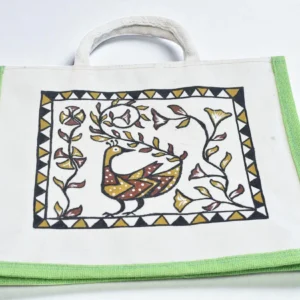 Home birsa craft green big jute bag with sohrai painting on shopping bag